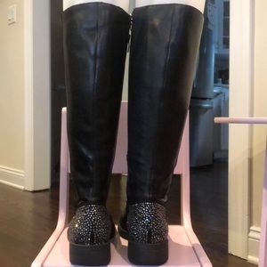 Black leather boots with rhinestones on ankle